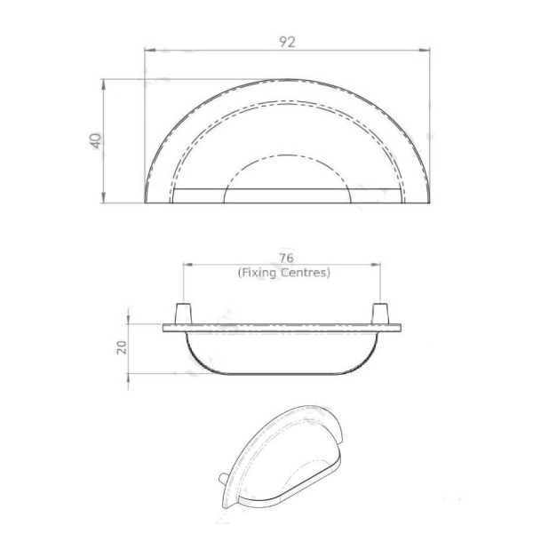 BARDOM RIDGED CUP Cupboard Handle - 76mm h/c size - 8 finishes (AW903)