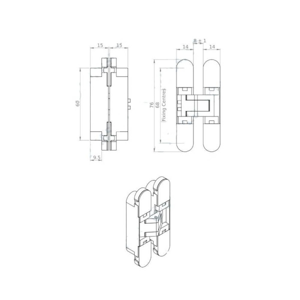 CEAM 3D CABINET CONCEALED ADJUSTABLE HINGE 929 - 14mm x 76mm - 5 finishes (CI000929)