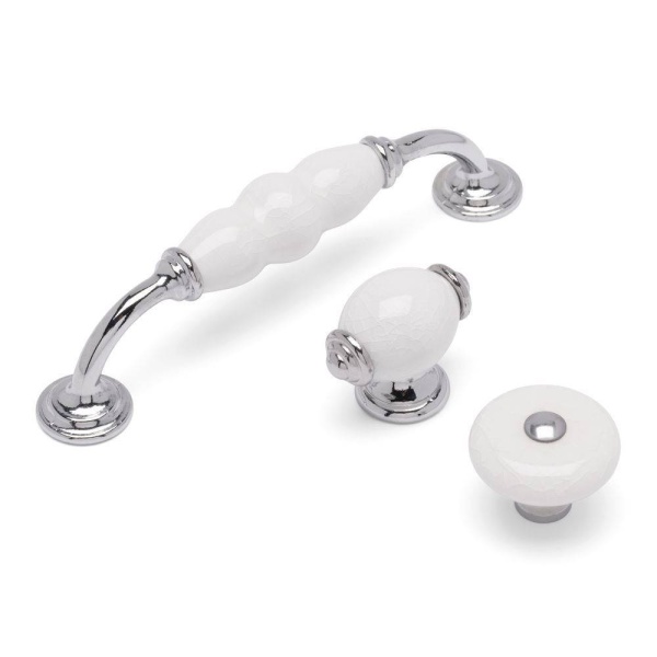 CRACKLE Ceramic ROUND KNOB/BACKPLATE Cupboard Handle - 38mm dia- CHROME / WHITE finish (ECF FF87235)