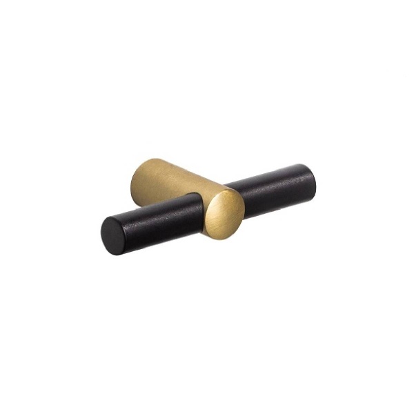 HAMPTON T KNOB Cupboard Handle - 65mm long - MATT BLACK & SATIN BRASS finish (PWS H1176.15.MBSB)