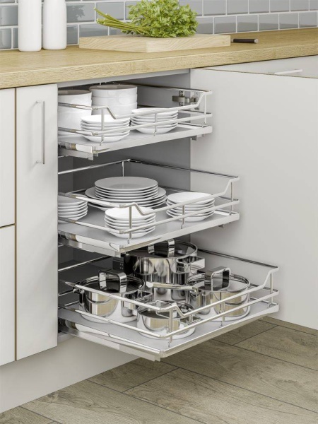 INDIVIDUAL PULL-OUT ORGANISER BASKET (Innostor Plus) in 8 cabinet widths - CHROME/GREY finish (ECF IP2IP)