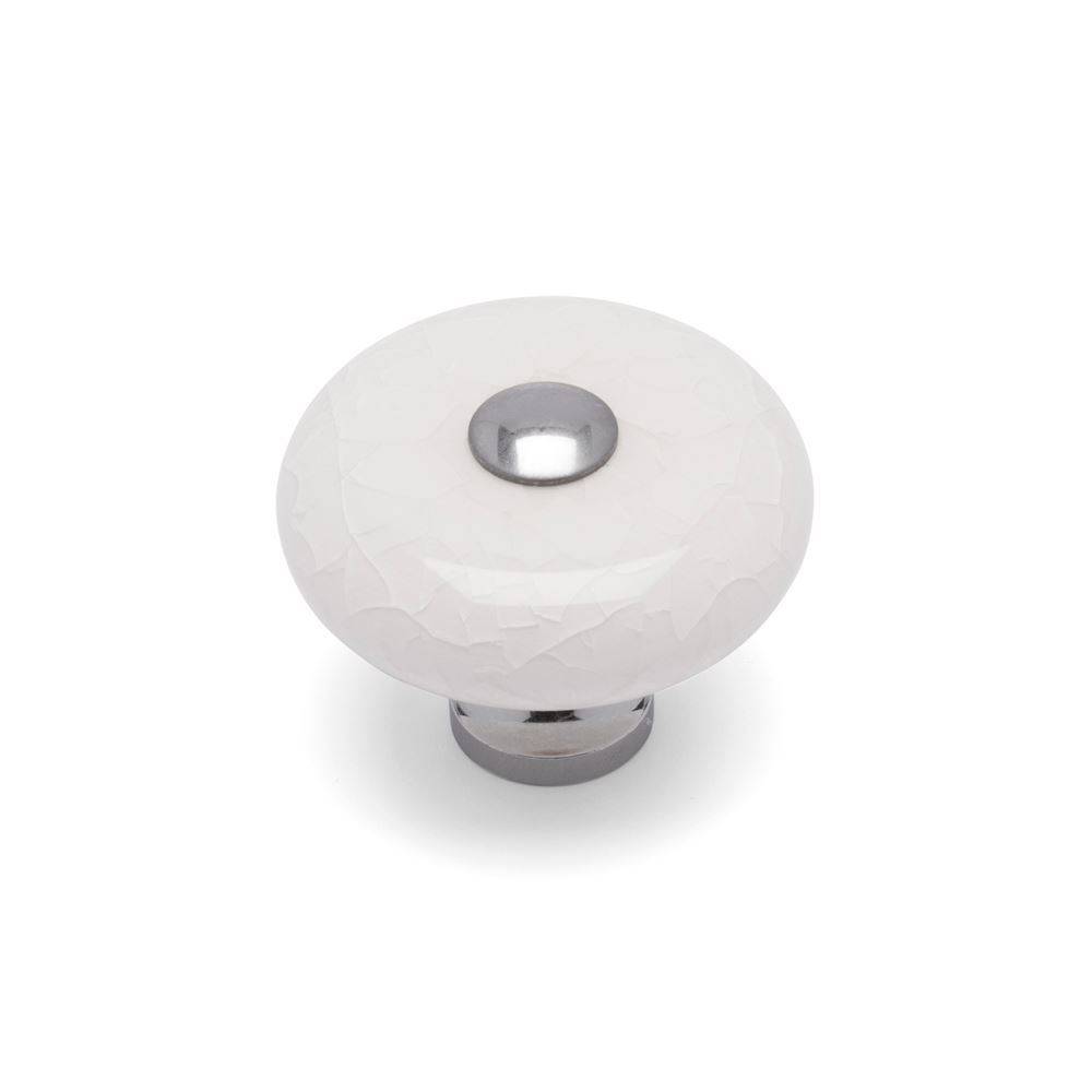 CRACKLE Ceramic ROUND KNOB/BACKPLATE Cupboard Handle - 38mm dia- CHROME / WHITE finish (ECF FF87235)